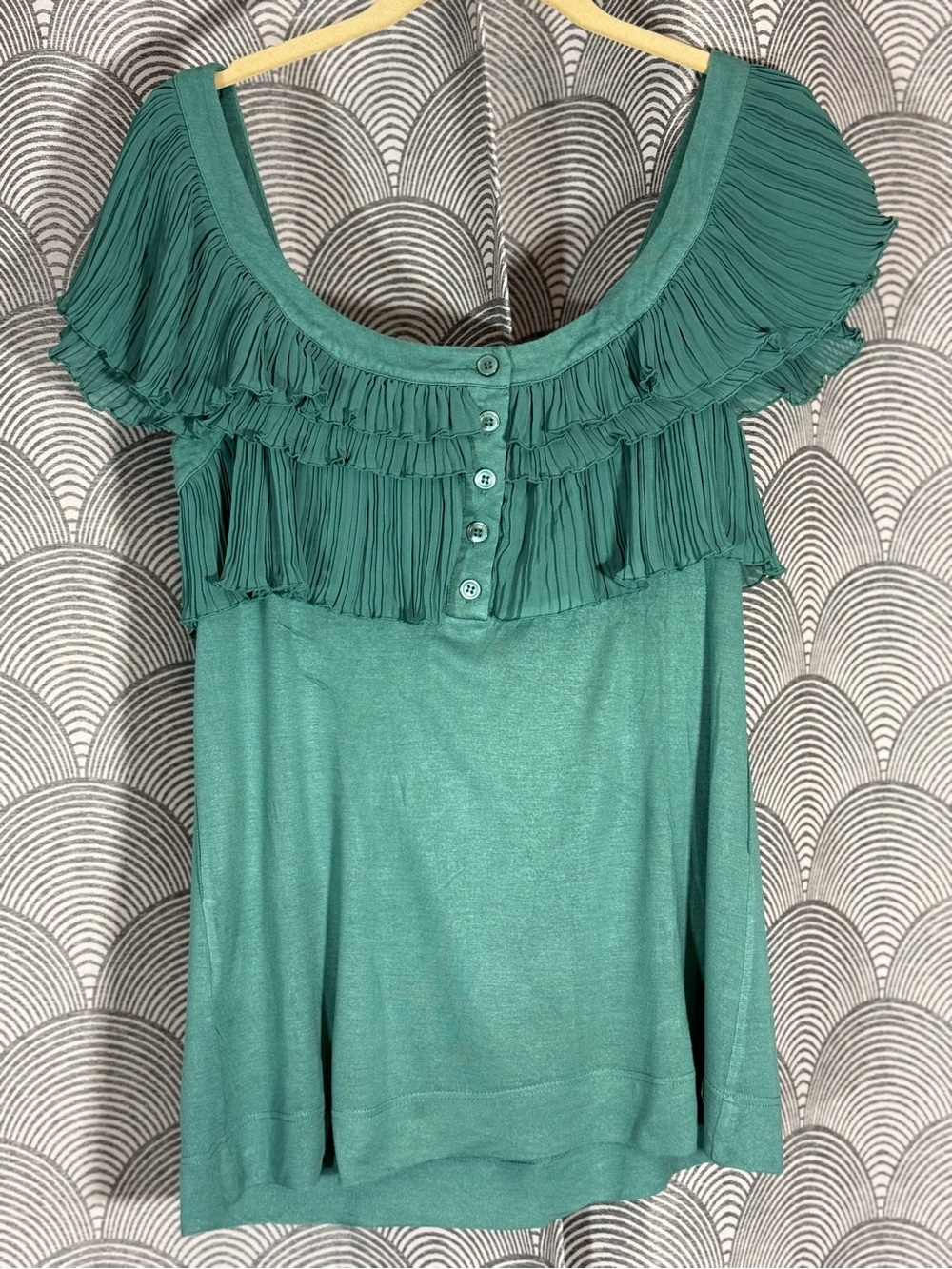 BCBGeneration Teal Ruffle-Front Blouse